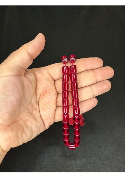 Sıkma Kehribar Tesbih Kırmızı Renkli Kapsül Kesim 10,5mmx9mm