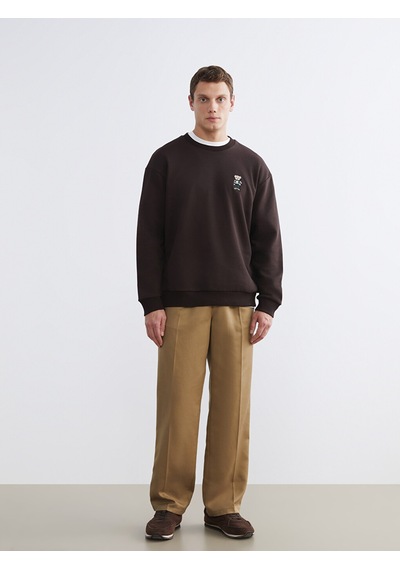 Lcw Vision Kahverengi Bisiklet Yaka Ayı Teddy Baskılı Erkek Kalın Sweatshirt