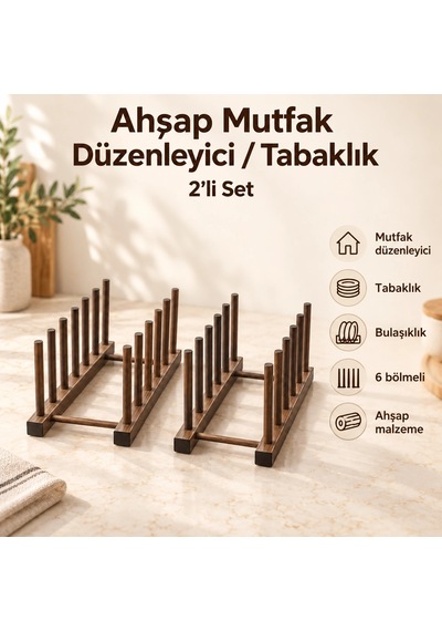 6 Bölmeli Ahşap Düzenleyici, Tabaklık / 2'li Set Çok Renkli