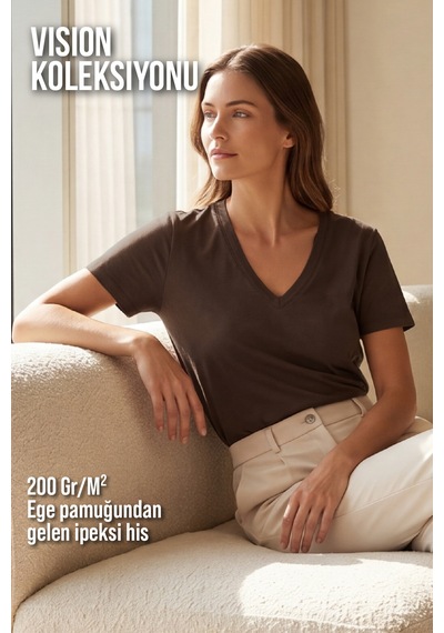 Goffra Kadın Vision V Yaka Premium Kalite Yoğun Dokulu Pamuklu T-shirt Kahverengi W102-r0220-07 Goffra Kadın Vision V Yaka Premium Kalite Yoğun Dokulu Pamuklu T-shirt Kahverengi W102-r0220-07