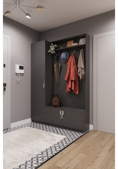 Lüks Çok Raflı Portmanto Askılı Vestiyer %100 MDF Çok Raflı Ayakkabılık V01
