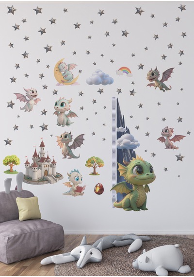 Bebek Ejderhalar Boy Ölçerli Duvar Sticker Seti - Mat, Sökülebilir, Çocuk Odası Dekoru 01