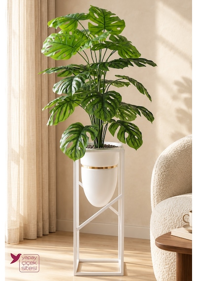 Yapay Çiçek Sitesi Metal Sütun Saksıda Premium 24 Yapraklı Yapay Monstera Deve Tabanı Ağacı 120 Cm Yeşil