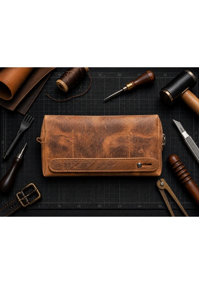 Vintage Leather Craft Hakiki Deri Erkek Çantası Açık Kahverengi - Taba