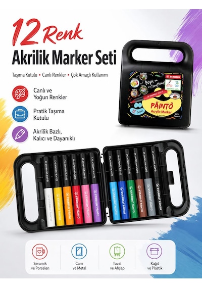Stabilo 791/12 Paınto 12 Renk Akrilik Marker Seti Su Bazlı Çok Yüzeyli Boya Kalemi Çantalı Çok Renkli