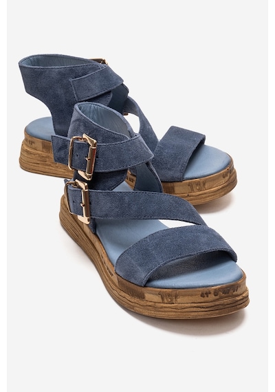 Luvishoes Lorentıs Kot Mavi Süet Hakiki Deri Çift Tokalı Kadın Sandalet