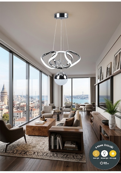 Dron Model 3 Renkli Modern Krom Led Sarkıt Avize - Alt Küre Aydınlatmalı Salon Mutfak Avizesi