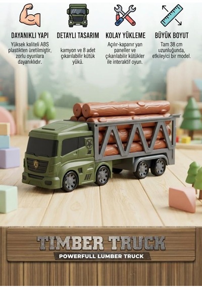 Timber Truck 38 Cm 8 Adet Büyük Boy Kütük Taşıyan Oyuncak Askeri Kamyon Orman Kesim Kamyonu