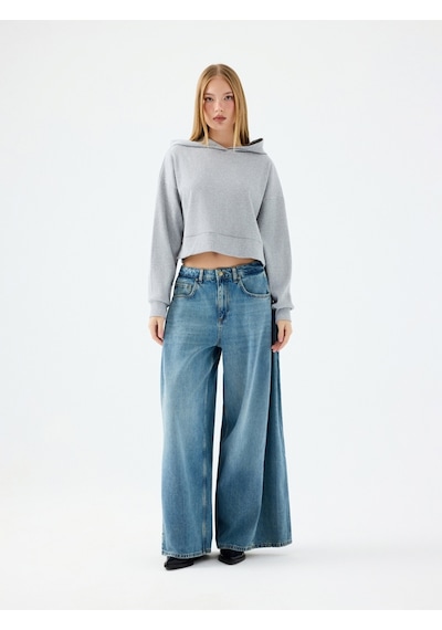 Long Crop Kadın Sweatshirt Gri Melanj