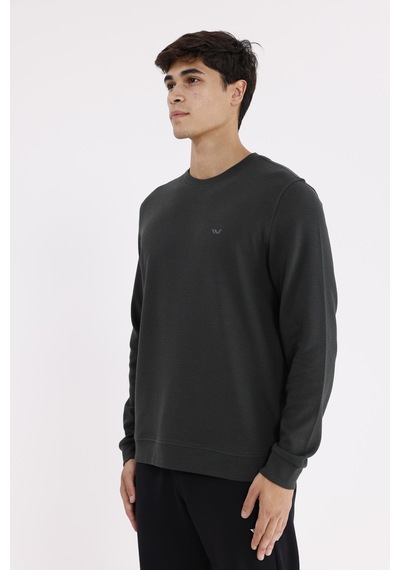 Rowinger Yatay Dokulu Ottoman Yüzey Tonal Logo Detaylı Bisiklet Yaka Standart Kalıp Sweatshirt Haki