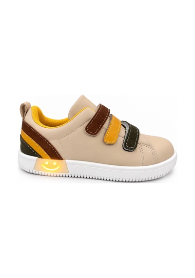 Papucumun Dünyası Çocuk Erkek/kız 3 Cırtlı Kolay Giyilir Ortopedik Işıklı Sneaker Tam Kalıp Krem