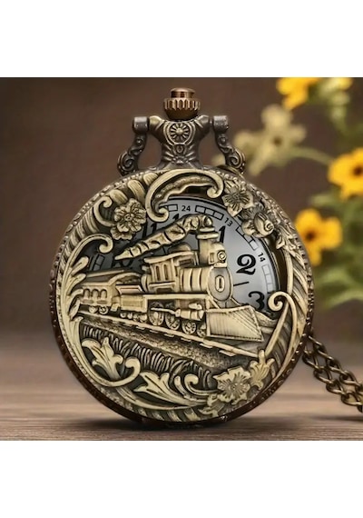 Kişiye Özel Vintage Buharlı Tren Tasarımlı Bronz Cep Saati Zincirli Antika Görünümlü Hediye Saat