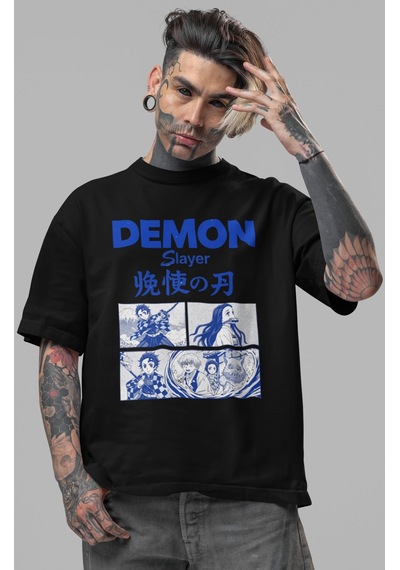 Sevbano Demon Slayer Anime Ön Baskılı Unisex Oversize Tişört Siyah