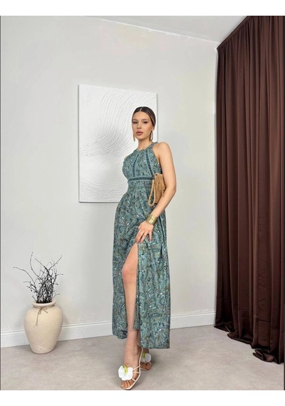 Elora Atelier Halter Yaka Sırt Dekolte Yeşil Maxi Elbise Çok Renkli