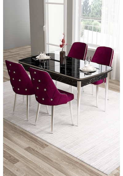 Canisa Tia Serisi 80x132 Mdf Açılabilir Siyah Mermer Desen Krom Detay Masa Takımı Ve 4 Mürdüm Sandalye Masa Siyah Mermer Desen Sandalye Mürdüm