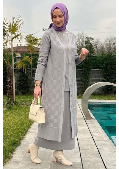 Rabia Şamlı Dama Desenli Gri Triko Hırka Çok Renkli