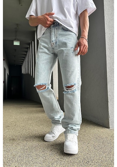 Buz Mavi Dizi Yırtık R4 Dl Baggy Pantolon Buz Mavi