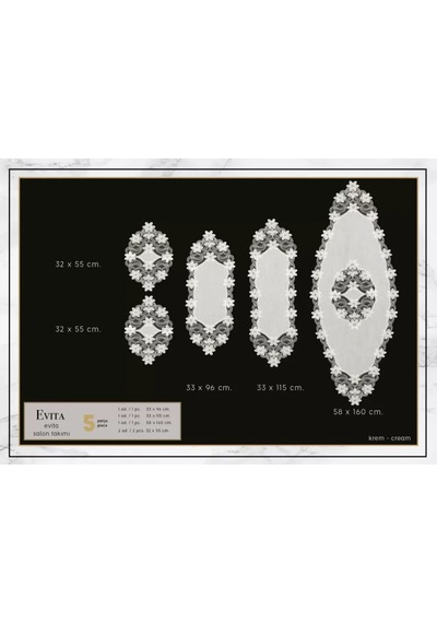 Evita Model Krem-krem 5 Parça Keten Dantelli Salon Takımı Runner Seti No 6859