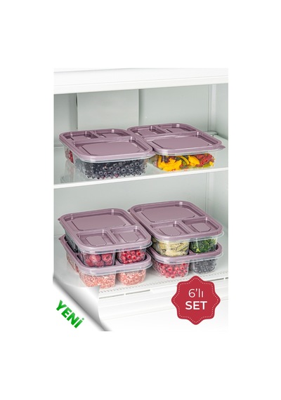 Vienev 3 Bölmeli Dikdörtgen Saklama Kabı 1.15 L Pembe 6'lı Çok Renkli