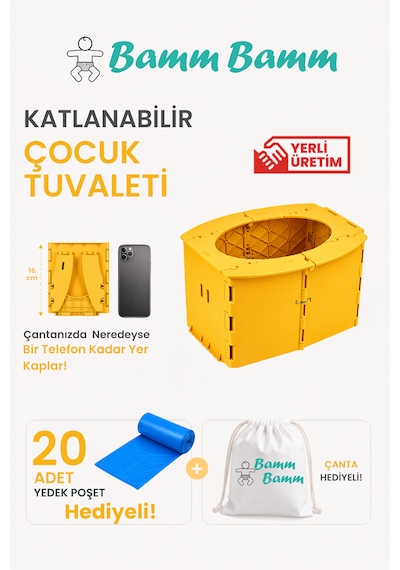 Bamm Bamm Katlanabilir Çocuk Tuvaleti, Portatif Lazımlık Taşıma Çantalı Sarı