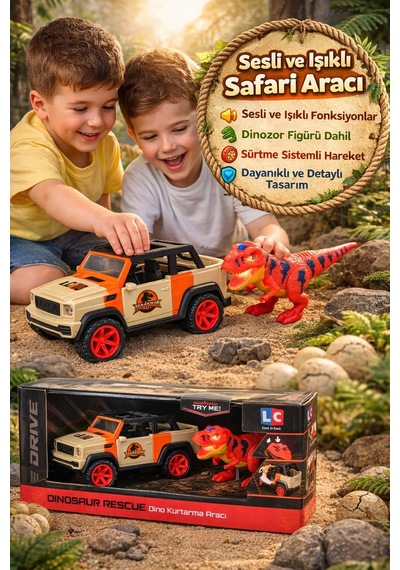 Drive Sesli Işıklı Safari Aracı Dinozorlu Sürtme Oyuncak 3+ Yaş