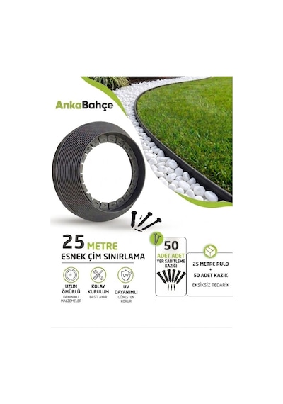 Çim Ayırıcı / Sınırlayıcı 25 Metre Yeşil Renk 50 Adet Kazığı İle Birlikte