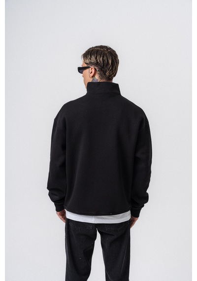 Erkek Respire Yazı Detaylı Yarım Fermuarlı Basic Sweatshirt Siyah