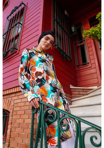 Polologin Butik Canlı Renkli Tropikal Desenli Tunik Turkuaz Turuncu Beyaz