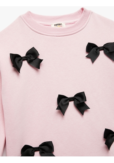 Koton Fiyonklu Uzun Kollu Bisiklet Yaka Pamuklu Şardonlu Sweatshirt Pembe 7wkg10081ak Gül