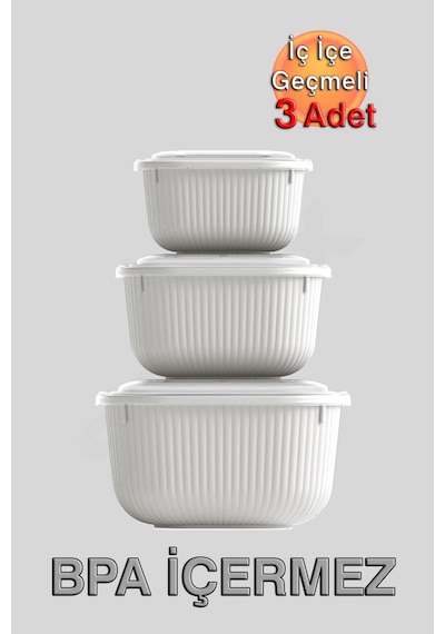 İç İçe Geçmeli Snaplid Kare Saklama Kabı 600 - 1100 - 1800 Ml Üçlü Set Bej