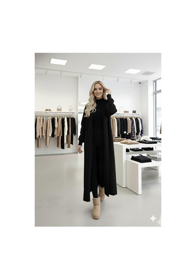 Hira Life Fashion Kadın Şal Yaka Uzun Triko Ve Sakallı Tüylü Hırka Siyah Siyah