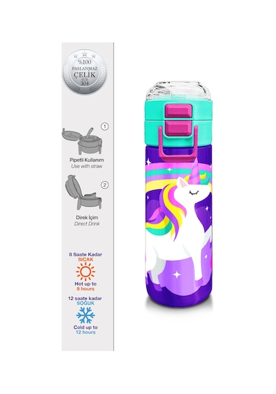 Coral High Kids Mor Su Yeşili Unicorn Desenli Pipetli Ve Direkt İçim Çelik Termos 500 Ml 31818 Mor