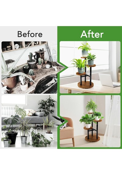 Çiçeklik 3 Raflı Saksılık Dekoratif 3 Raflı Çiçeklik Metal Doğal Ahşap Saksılık Çiçek Rafı Daire Model 70 Cm