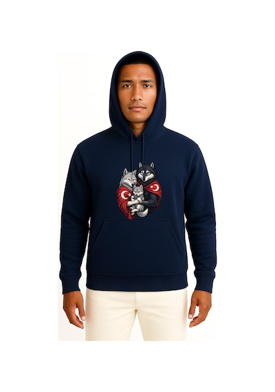 Bahriyeli Collection Kapüşonlu Anne - Baba Ve Çocuk Turan Kurt Ve Türk Bayrağı Göğüs Baskılı Unisex Sweatshirt Lacivert