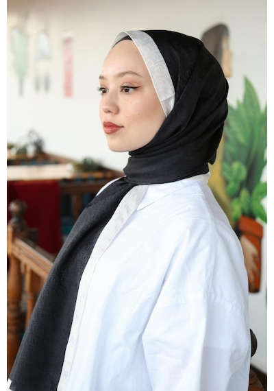 Premium Lux Original Monogram Şal İpek Vual, Yüksek Kalite, Hafif, Rahat, Şık, Tesettür, Shawl Siyah - Beyaz