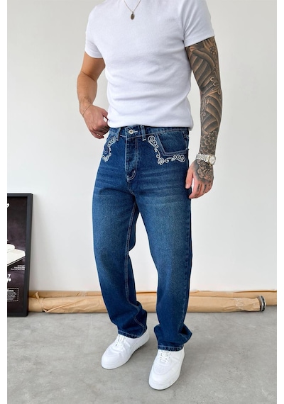 Mavi Premium Nakış Detaylı Baggy Pantolon