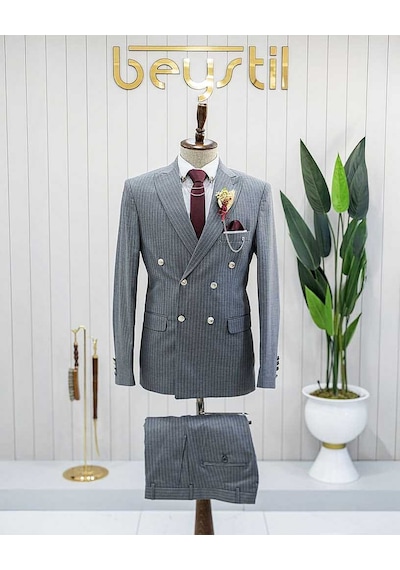 Bys Beystil Sivri Yaka Gri Çizgili Kruvaze Takım Elbise Togo - Slim Fit