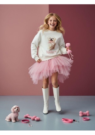 Kız Çocuk Pamuklu Köpek Baskılı Oversize Tasarım Sweatshirt-16472 Ekru