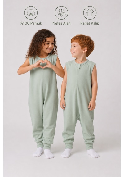 Babyhola 1 Tog Yazlık Çocuk Uyku Tulumu 1-8 Yaş Unisex Kısa Kollu %100 Pamuk Waffle 2702 Mint