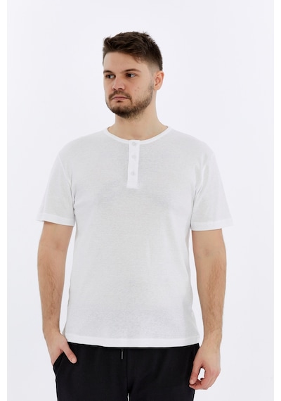 Erkek Henley Yaka %100 Pamuklu Dokulu Kumaştan Kısa Kollu Günlük Basic Tişört Beyaz