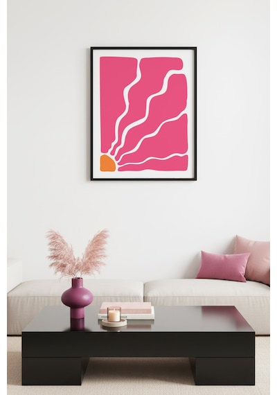 Doğal Ahşap Çerçeveli Retro Soyut Tablo - Coral Pembe Tonlar Huhu2676