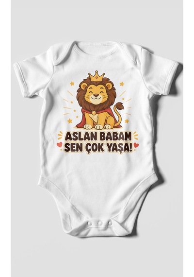 Morivokids Aslan Babam Sen Çok Yaşa Kısa Kollu Bebek Body %100 Pamuk Beyaz