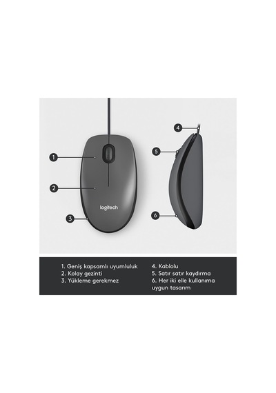 Logıtech 910-006652, M100 Siyah, Usb Kablolu, 1000dpi, Optik, 3 Tuşlu, Mouse