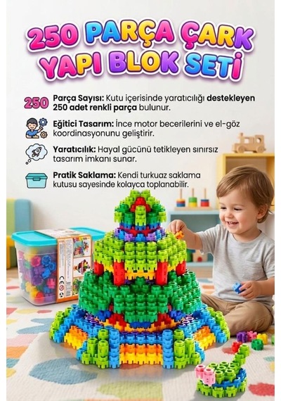 250 Parça Çarklı Saklama Kutulu Renkli Eğitici Zeka Geliştirici Yapı Oyuncak Seti Mavi