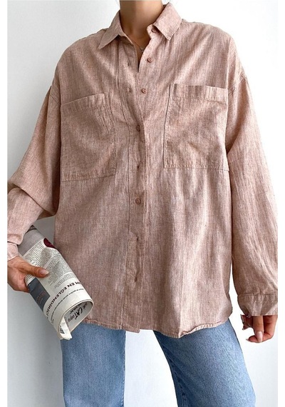 Femelle Kadın Çift Cepli Düşük Omuz Oversize Boyfriend Salaş Kalıp Keten Basic Gömlek kahverengi Femelle Kadın Çift Cepli Düşük Omuz Oversize Boyfriend Salaş Kalıp Keten Basic Gömlek kahverengi