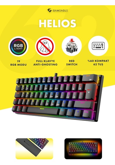 60% Kablolu Rgb Mekanik Oyuncu Klavyesi, 62 Tuşlu Türkçe Q Siyah
