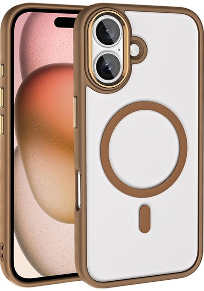Apple Uyumlu iPhone 16 Plus Kılıf Wireless Şarj Özellikli Zore Krom M-safe Silikon Kapak Rose Brown