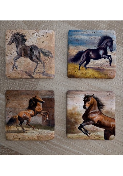 Şaha Kalkmış Atlar Doğal Taş Bardak Altlığı 4'lü Set - Natural Stone Coasters - Taş Çok Renkli