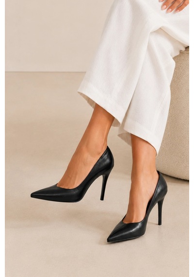 Sovenso İnci Suni Deri Sivri Burunlu Siyah Stiletto
