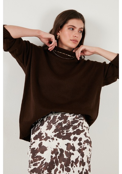 Lela Premium Oversize Fit Balıkçı Yaka Yumuşak Dokulu Triko Bayan Kazak 680Kz00469 Kahve